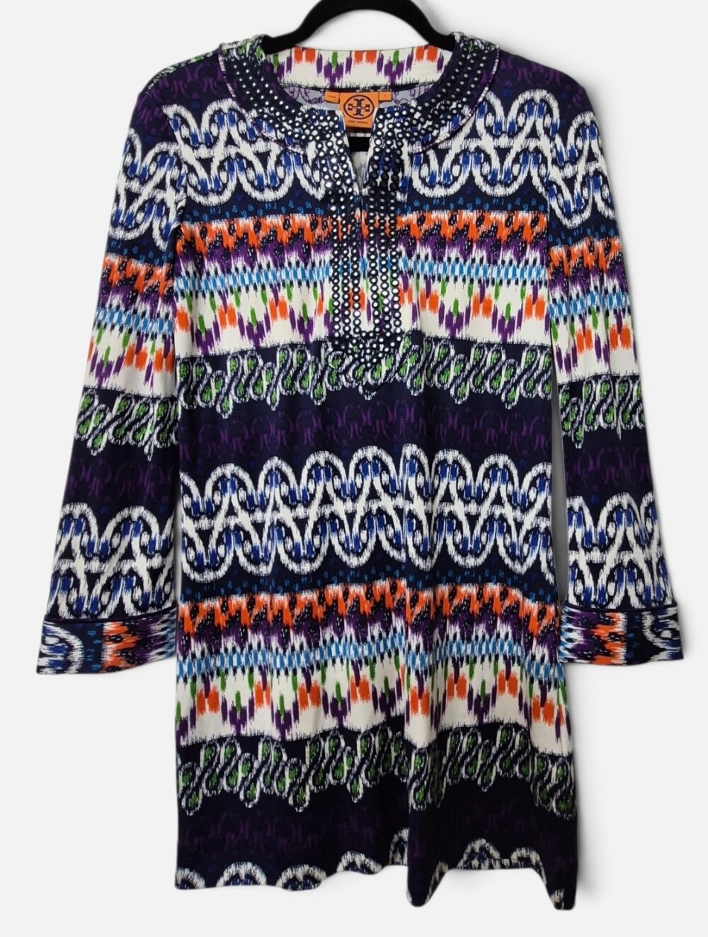 Tory Burch SILK Geometric Print Beaded Collar Tunic Small